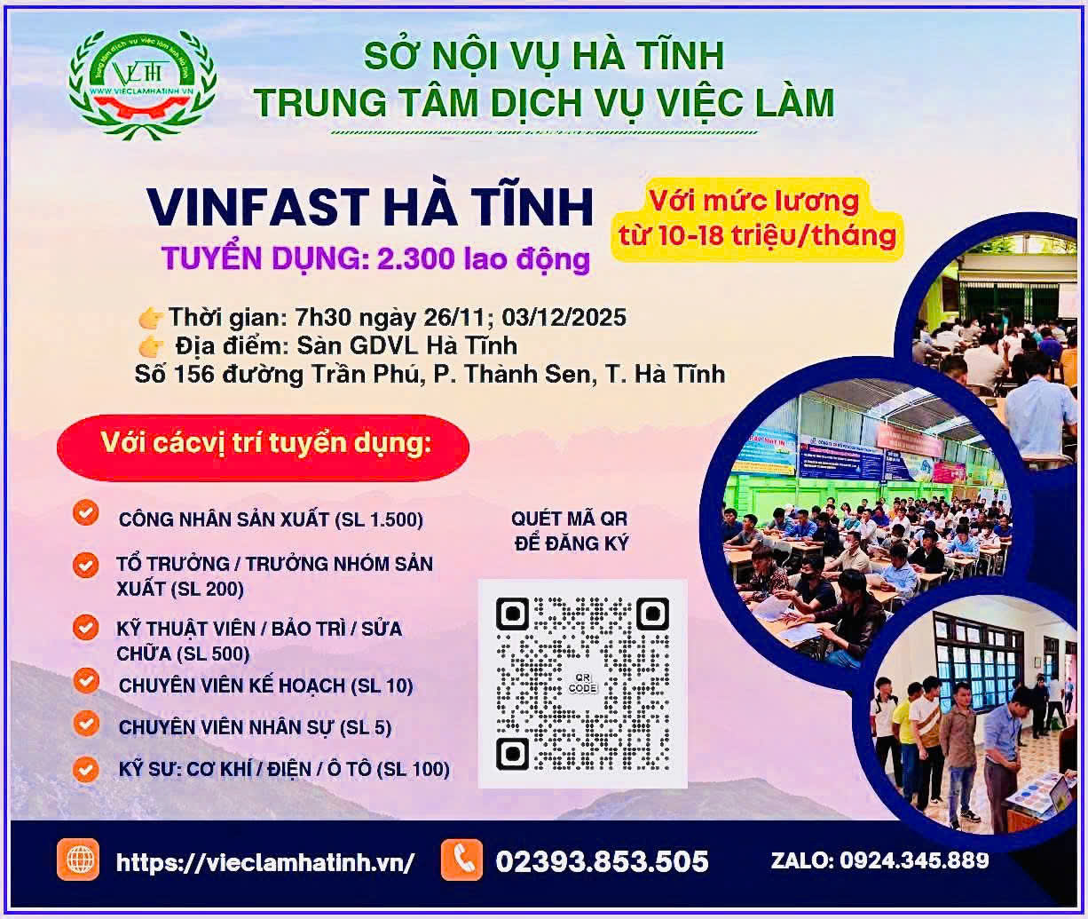 NHÀ MÁY Ô TÔ ĐIỆN VINFAST HÀ TĨNH TUYỂN DỤNG - PHỎNG VẤN TRỰC TIẾP TẠI TRUNG TÂM