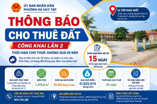 UBND phường Hà Huy Tập công khai cho thuê khu đất Trường Mầm non Đại Nài (cũ) lần 2 