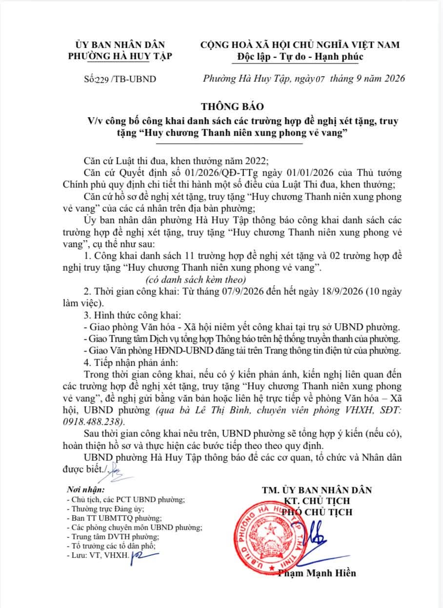 Phường Hà huy Tập công bố công khai Danh sách các trường hợp đề nghị xét tặng, truy tặng "Huy chương Thanh niên xung phong vẻ vang"