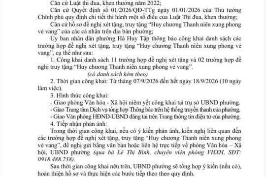 Phường Hà huy Tập công bố công khai Danh sách các trường hợp đề nghị xét tặng, truy tặng "Huy chương Thanh niên xung phong vẻ vang"