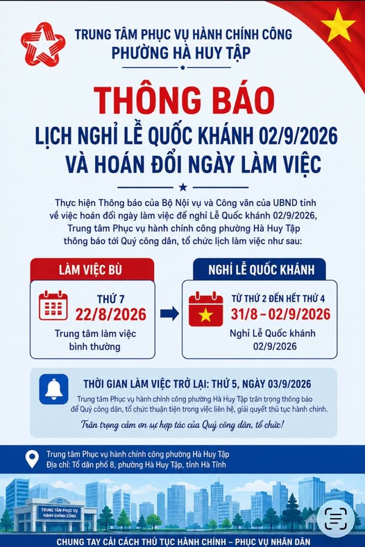 Thông báo lịch nghỉ Lê quốc khánh 02/9/2026 của Trung tâm Hành chính công phường Hà Huy Tập