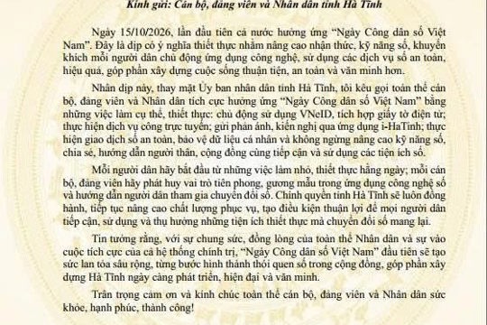 Chủ tịch UBND Tỉnh Hà Tĩnh phát động, kêu gọi toàn thể cán bộ, đảng viên và Nhân dân tích cực hưởng ứng "Ngày công dân số" năm 2026