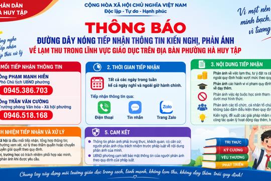 Thông báo đường dây nóng tiếp nhận thông tin kiến nghị, phản ánh về lạm thu trong lĩnh vực giáo dục trên địa bàn phường Hà Huy Tập